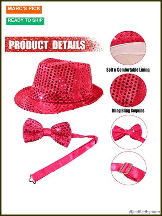 Sequin Fedora Hat and Bow Tie Set for Dance Costume Party